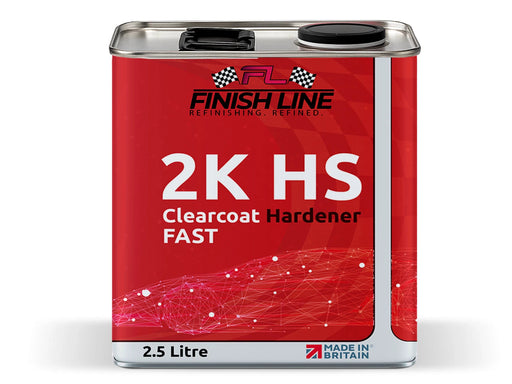 Red can of Finish Line 2K HS Clearcoat Hardener on a white background