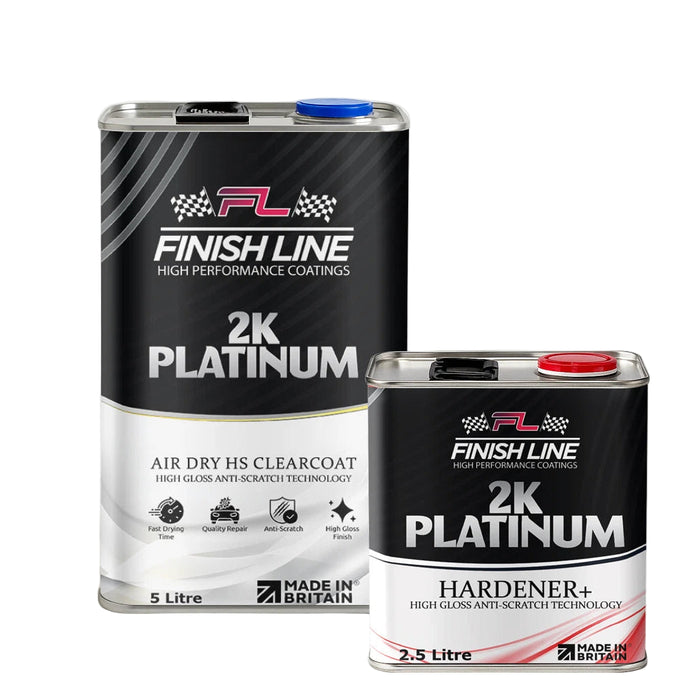Two cans of Finish Line 2K Platinum high performance coatings on a white background