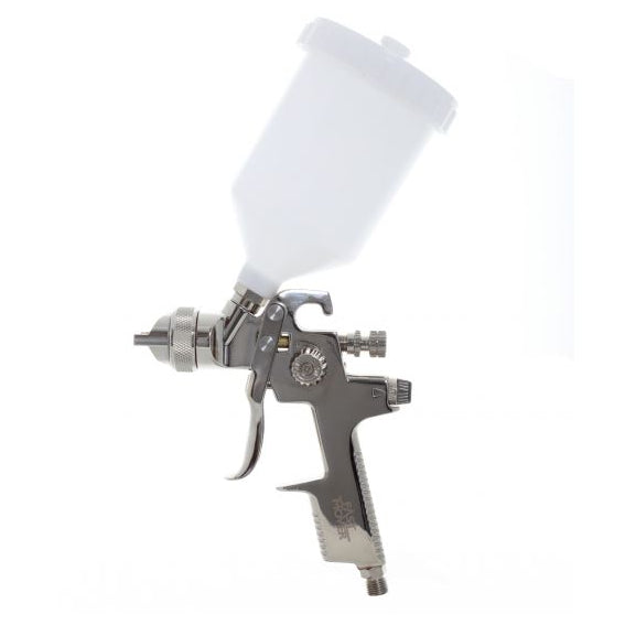A silver HVLP (High Volume Low Pressure) Gravity Spray Gun with a gravity feed container on top.