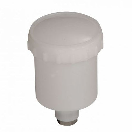 A white spraygun paint pot with a female thread, suitable for fast mover sprayguns.