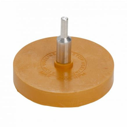 A brown rubber eraser wheel with a metal axle, designed for removing adhesive tapes, stickers, and glue residue from vehicle panels.