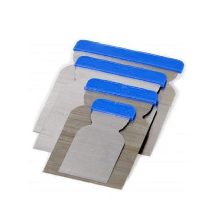 A set of four metal filler spreaders with blue plastic grip handles.