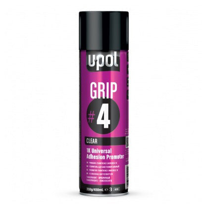 A can of Upol Grip 4 Clear 1K Universal Adhesion Promoter Aerosol in pink and black packaging.