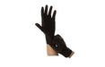 A single black nitrile disposable glove displayed on a mannequin arm against a white background.