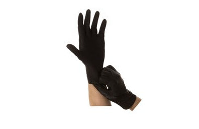 A single black nitrile disposable glove displayed on a mannequin arm against a white background.