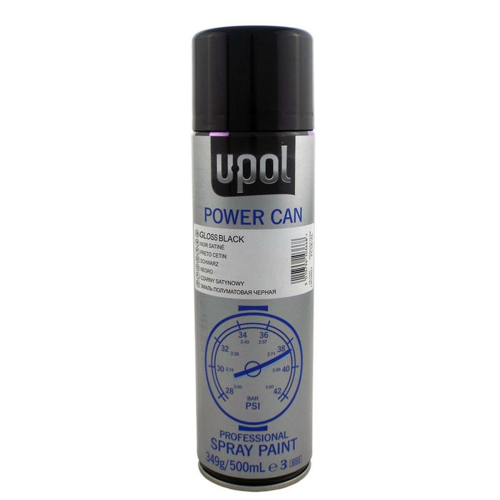 A can of Upol Gloss Black Power Can Aerosol 500ML spray paint.